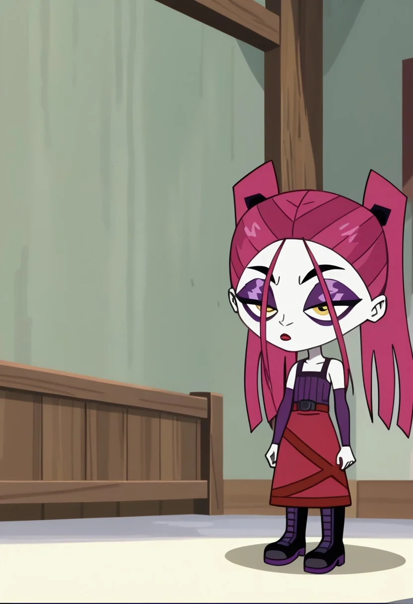 score_9, score_8_up, score_7_up BREAK RavenCrp, 1girl, pale white skin, dark pink hair, yellow eyes, black eyeliner, purple eyeshadow, purple mascara, red lipstick, black scrunchies, pigtails, purple tank top, purple arm warmers, red skirt, black boots with purple accents, screenshot, official art, parody, anime footage, official design, screencap, anime screenshot, official screenshot, 2d, anime, source_anime, full body,