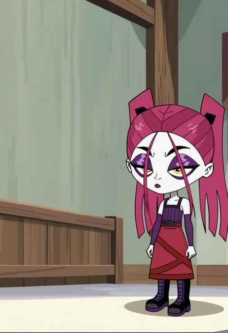 score_9, score_8_up, score_7_up BREAK RavenCrp, 1girl, pale white skin, dark pink hair, yellow eyes, black eyeliner, purple eyeshadow, purple mascara, red lipstick, black scrunchies, pigtails, purple tank top, purple arm warmers, red skirt, black boots with purple accents, screenshot, official art, parody, anime footage, official design, screencap, anime screenshot, official screenshot, 2d, anime, source_anime, full body,