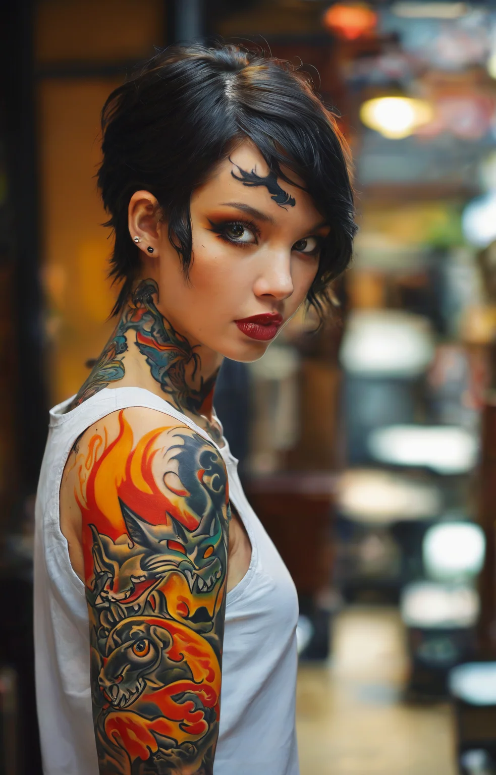 masterpiece,best quality,<lora:tbh271-sdxl:0.9>,illustration,style of Ed Hardy,Tattoos,flames,cats,