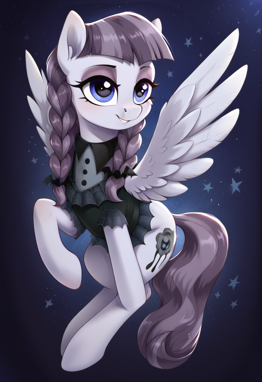 score_9,score_8_up,score_7_up,score_6_up,score_5_up,score_4_up,my little pony,((feral pony)),1girl,((solo)),(sexy),beautifully detailed,(detailed cute pony face),((detailed blue starry background:1.5)),((woman)),high angle,(cute smile:1),((up-close))  1girl,((solo)),(sexy),full body,<lora:Inky_Rose:1>,Inky Rose,Pegasus,a Gothic-style vest decorated with a spider web pattern,long braided dark purple hair,braids decorated with small black accessories in the shape of a bat,
<lora:OtherStyle_01:1>,<lora:Wholesome_MLP-v1.0:1>,
