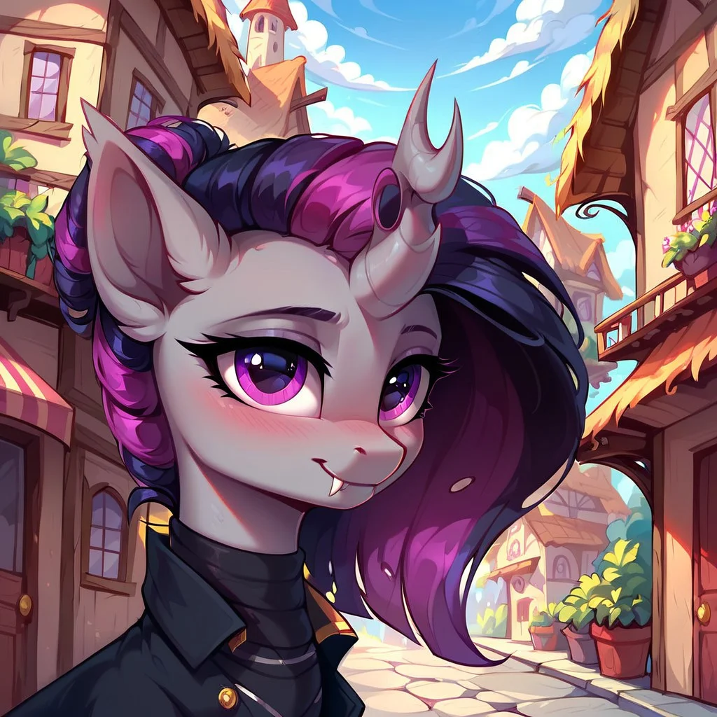 masterpiece, score_9, score_8_up, score_7_up, (best quality:1.1), ultra-detailed, high resolution, solo, Нептун Хербст, changeling, mlp, feral, ragged ears, (((beautiful detailed purple eyes))), single horn, gray skin, purple membrane mane, black coat, black neck warmer, detailed clothing, fang, highly detailed macro illustration, smiling, blushing, mlp, outside, Highly Visible, (((8k))), sharp focus, perfect lighting, anatomically correct, extremely detailed, shine on body, (Pony town), high detail, cute face, Expressiveh, detailed background, OverallDetail, zPDXL2,