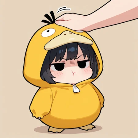 masterpiece, best quality, very aesthetic, absurdres, safe, 1girl, solo, psyduck hood pajama, short black hair, black eyes, chibi, ultra-cute, angry, pat, simple background.