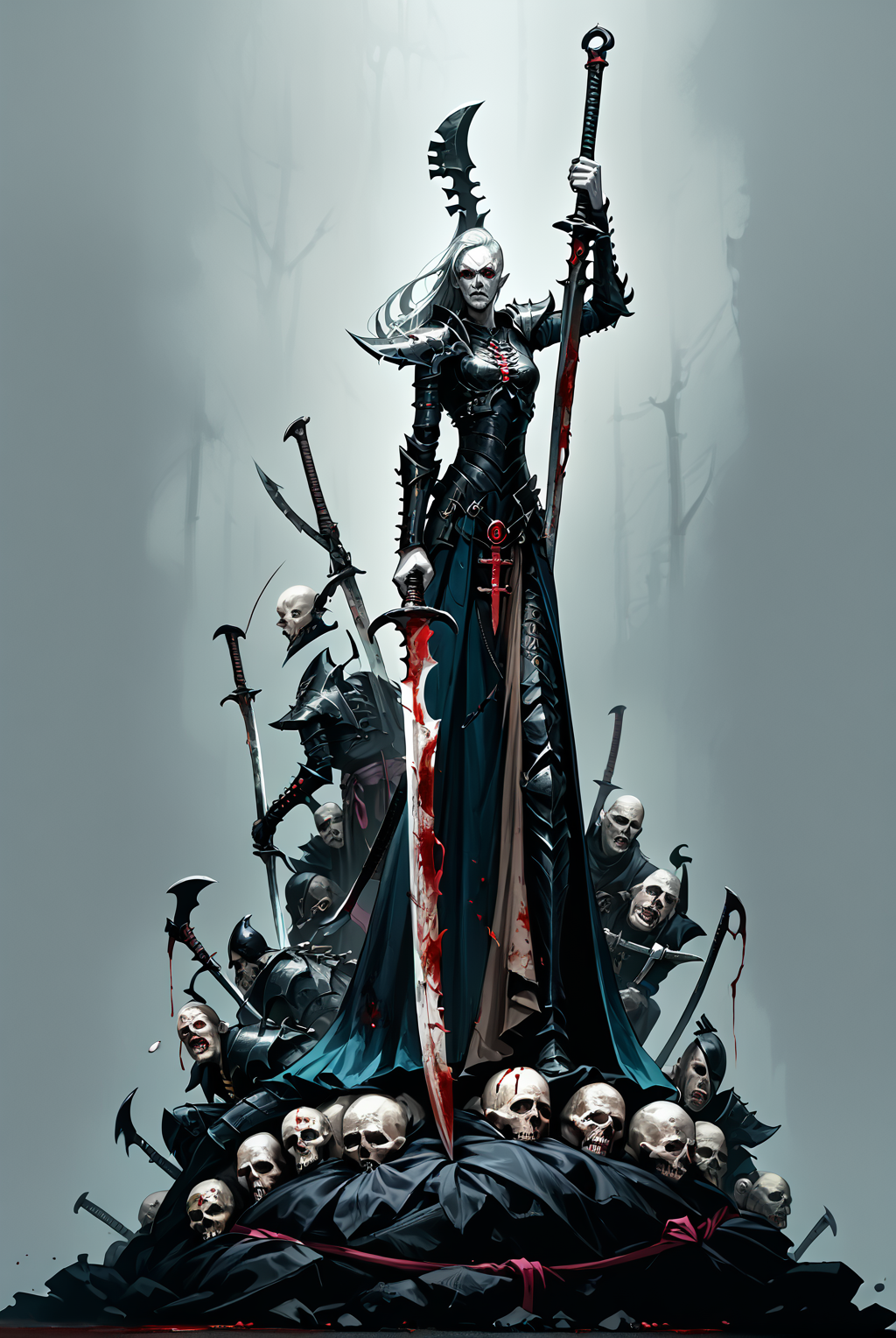 score_9, score_8_up, score_7_up, score_6_up, score_5_up, score_4_up, source_anime, <lora:aeldari_Pony_2:1> aeldari, drukhari, standart drukhari, full black drukhari's armor, 1girl, armor, blood, colored_skin, dagger, holding_sword, holding_weapon, jewelry, long_hair, sword, weapon, pale skin, ((black armor)), full body, Stand on a huge pile of bloody corpses of people, dead bodys, so much dead peoples, one lag stand on dead head