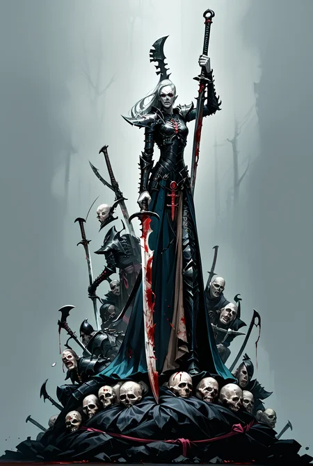 score_9, score_8_up, score_7_up, score_6_up, score_5_up, score_4_up, source_anime, <lora:aeldari_Pony_2:1> aeldari, drukhari, standart drukhari, full black drukhari's armor, 1girl, armor, blood, colored_skin, dagger, holding_sword, holding_weapon, jewelry, long_hair, sword, weapon, pale skin, ((black armor)), full body, Stand on a huge pile of bloody corpses of people, dead bodys, so much dead peoples, one lag stand on dead head