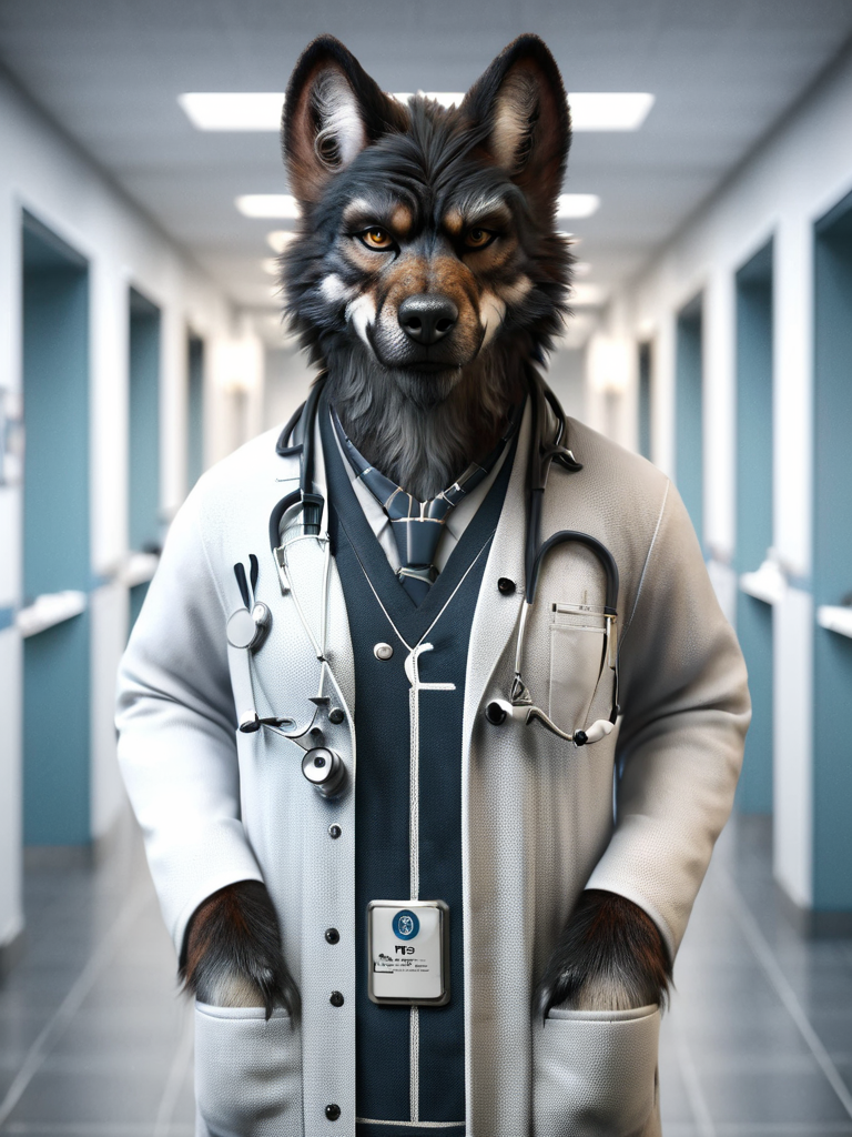 worgen, male worgen, doctor worgen, doctor clothing, a dog dressed in a doctor's coat and stethoscope, standing in a clinic hallway, looking at viewer <lora:wowrgen-sdxl:1>