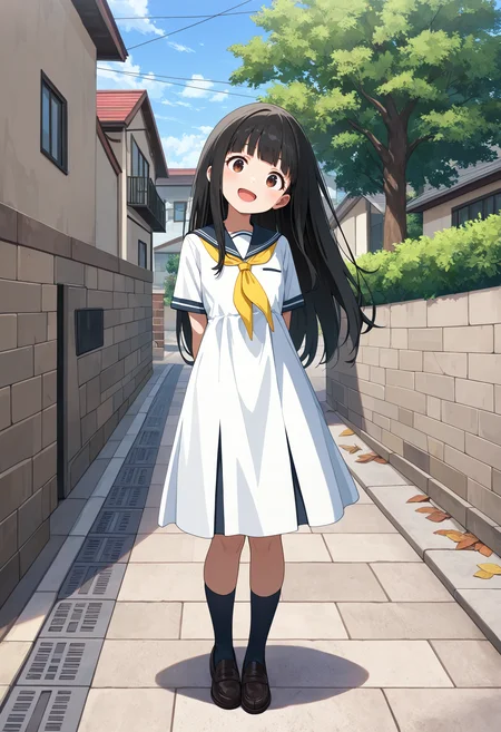 masterpiece, best quality, newest, absurdres, highres, safe, very aesthetic, intricate details,
girl, NukumizuKaju Cyql, black hair, blunt bangs, straight long hair, brown eyes, :d, white dress, yellow neckerchief, socks, loafers, arms behind back, looking at viewer,
standing, learning at side, head tilt, full body, (knees together feet apart:0.7),
outdoors, town avenue, block wall, tree, house, road, sidewalk, blue sky
<lora:lora:0.85>