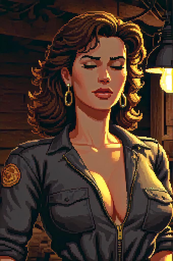 lucasarts style,  2d pixel art close-up of a woman wearing a gray mechanic's jumpsuit, (brown hair), (eyes closed), gold earrings, large breasts,  cleavage, zipper, flat shading, in a shack at night, lamp <lora:lucasarts style:1.4>