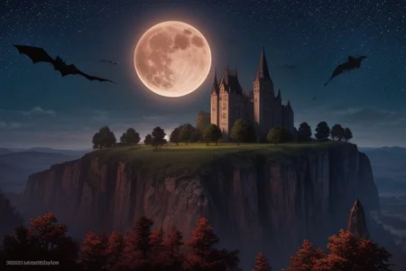 oil painting, of a castle on a cliff, forest, night, a flock of bats flying in the dark sky, reddish moon, clouds tainted red, dark theme, still life, shadows, haunted castle