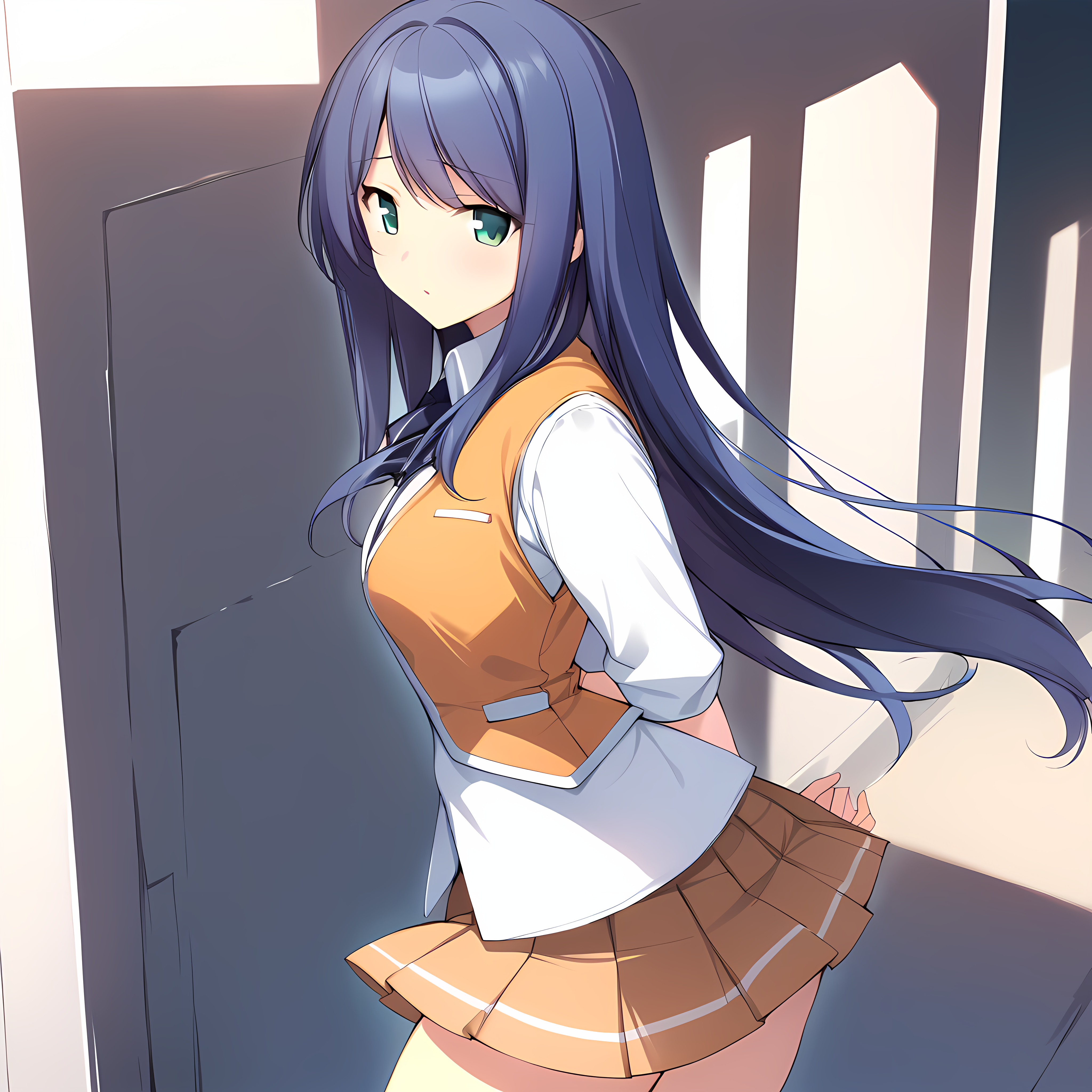 (masterpiece),(best quality),(ultra-detailed),(best illustration),(best shadow),(absurdres),(detailed background),(very aesthetic), Natsuki Kuga, standardoutfit, 1girl, weapon, solo, long hair, blue hair, dark green eyes, hands behind back, arms behind back, skirt, vest <lora:NatsukiKugav1:1>