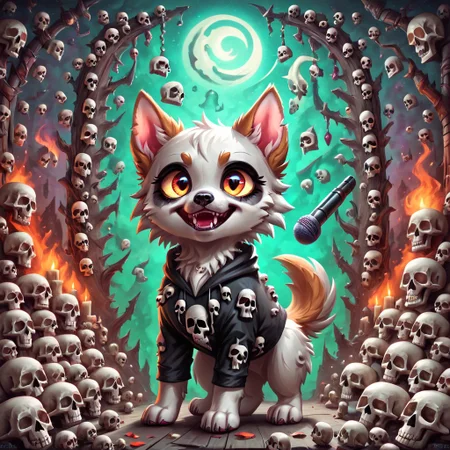 dog girl dressed in an elaborate collection of skulls covering her in a majestic way holding microphone, music studio, painting of cute skulls, pg safe