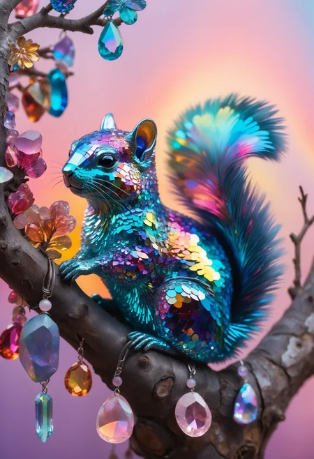 A cute picture of a rainbow iridescent squirrel sitting in a tree made out of gemstones. The image captures a heartwarming moment with a rainbow iridescent squirrel comfortably seated in a tree made entirely of shimmering gemstones. The squirrel, with its body glowing in a spectrum of colors, appears content and playful as it gazes around its dazzling surroundings. The tree, composed of various gemstones, sparkles brilliantly, each stone reflecting light in different hues. The background is a soft, pastel-colored sky, adding a serene and dreamlike quality to the scene. The overall atmosphere is whimsical and magical, evoking a sense of wonder and joy.