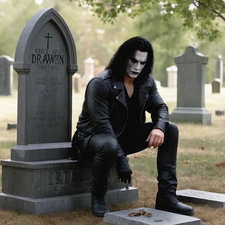 Hyperrealistic art of <lora:graphic novel style:1.2>
1980's Eric Draven choppy hair a man leaning against a grave tombstone with his head down In the graphic novel style, Extremely high-resolution details, photographic, realism pushed to extreme, fine texture, incredibly lifelike