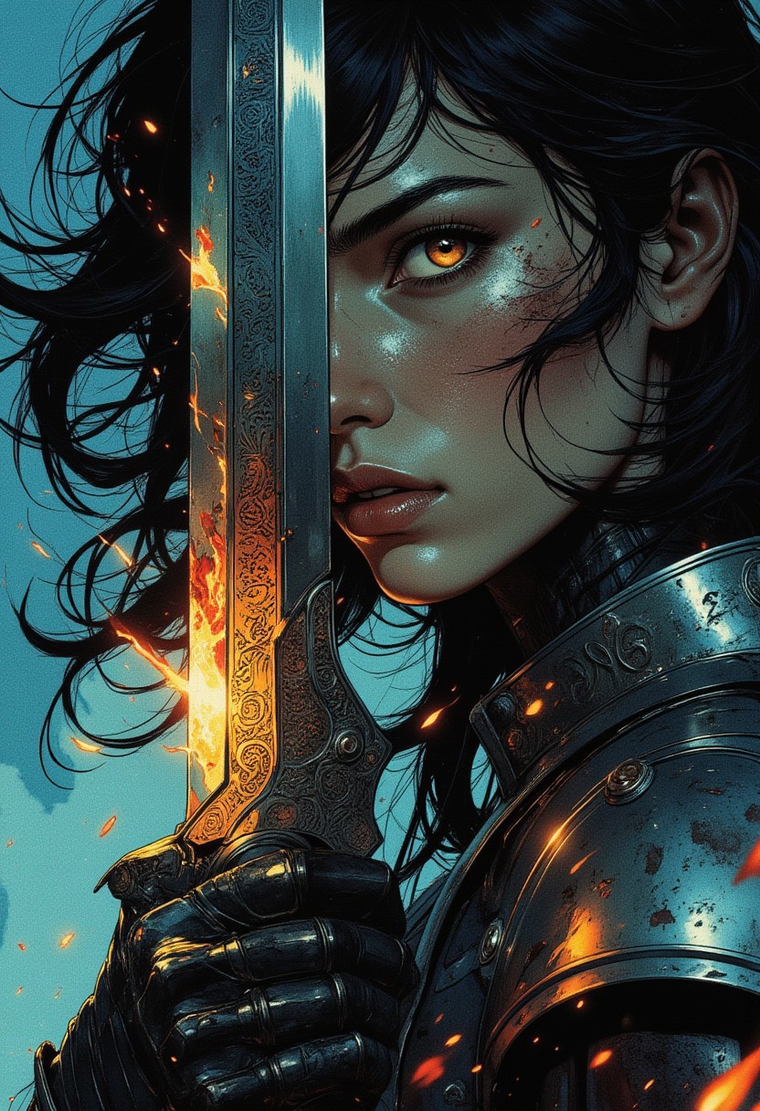 Dark fantasy illustration, ultra-detailed, painterly textures, rich cinematic lighting. An extreme close-up of a mysterious female warrior, her intense, glowing eyes reflecting distant firelight. Her face is partially obscured by swirling strands of windblown hair, damp with sweat and rain. Scars trace across her skin, hinting at battles fought.
Fiery embers drift through the air, caught in the stormy wind, their glow contrasting against the cool blue moonlight illuminating her cheekbones. A single bloodstained gauntlet is raised, gripping the hilt of a rune-etched blade, the reflection of a burning battlefield flickering along its steel.
Deep contrasts—warm ember glow against the cold, misty background. High-saturation highlights bring out the iridescent sheen on her armor, while soft shadows add depth. Her eyes—piercing gold or ethereal violet—draw the viewer in, making the scene feel alive and full of story.