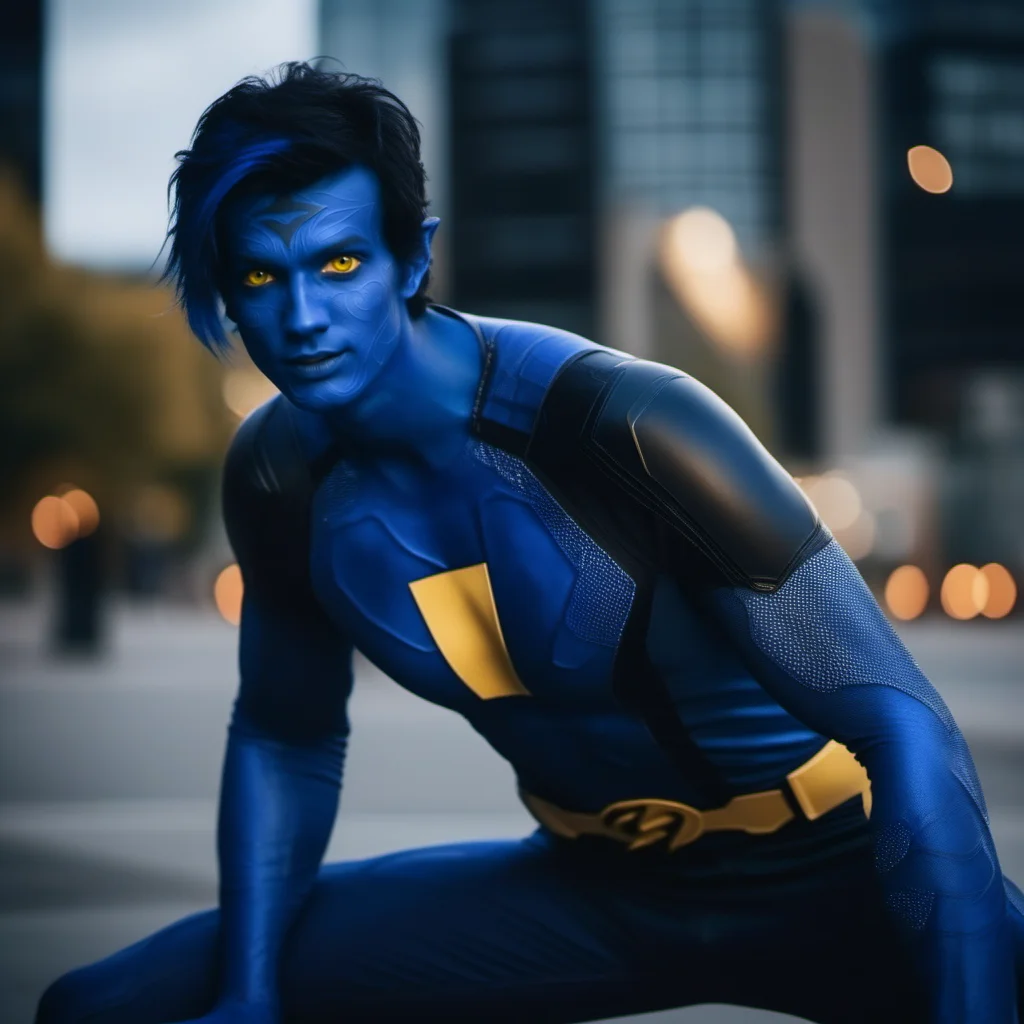 cinematic photo cinematic photo a man with blue body paint, yellow eyes, blue snake tail, black superhero suit <lora:NightCrawler1024:0.8> . 35mm photograph, film, bokeh, professional, 4k, highly detailed . 35mm photograph, film, bokeh, professional, 4k, highly detailed