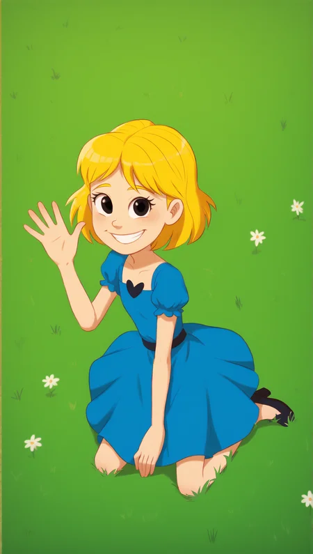 ((score_9)), score_8_up, score_7_up, ((masterpiece)), ((high quality)), zPDXL3, BREAK
 Padoga style, 1girl, blue dress, looking at viewer, waving hi, blonde, short torso, cute, grassy field, smiling<lora:Padoga_style:1>