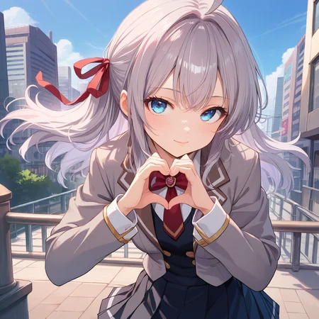 score_9, score_8_up, score_7_up, score_6_up, score_5_up, score_4_up, BREAK source_anime, look at viewer, rating_safe, 1girl, solo, outdoors, city, close up, heart hands, masterpiece, best quality, high detailed skin, alisa mikhailovna kujou, long hair, grey hair, ahoge, hair ribbon, blue eyes, seiren school uniform, white shirt, grey jacket, long sleeves, red ribbon, pleated skirt, black skirt, open clothes, blazer,