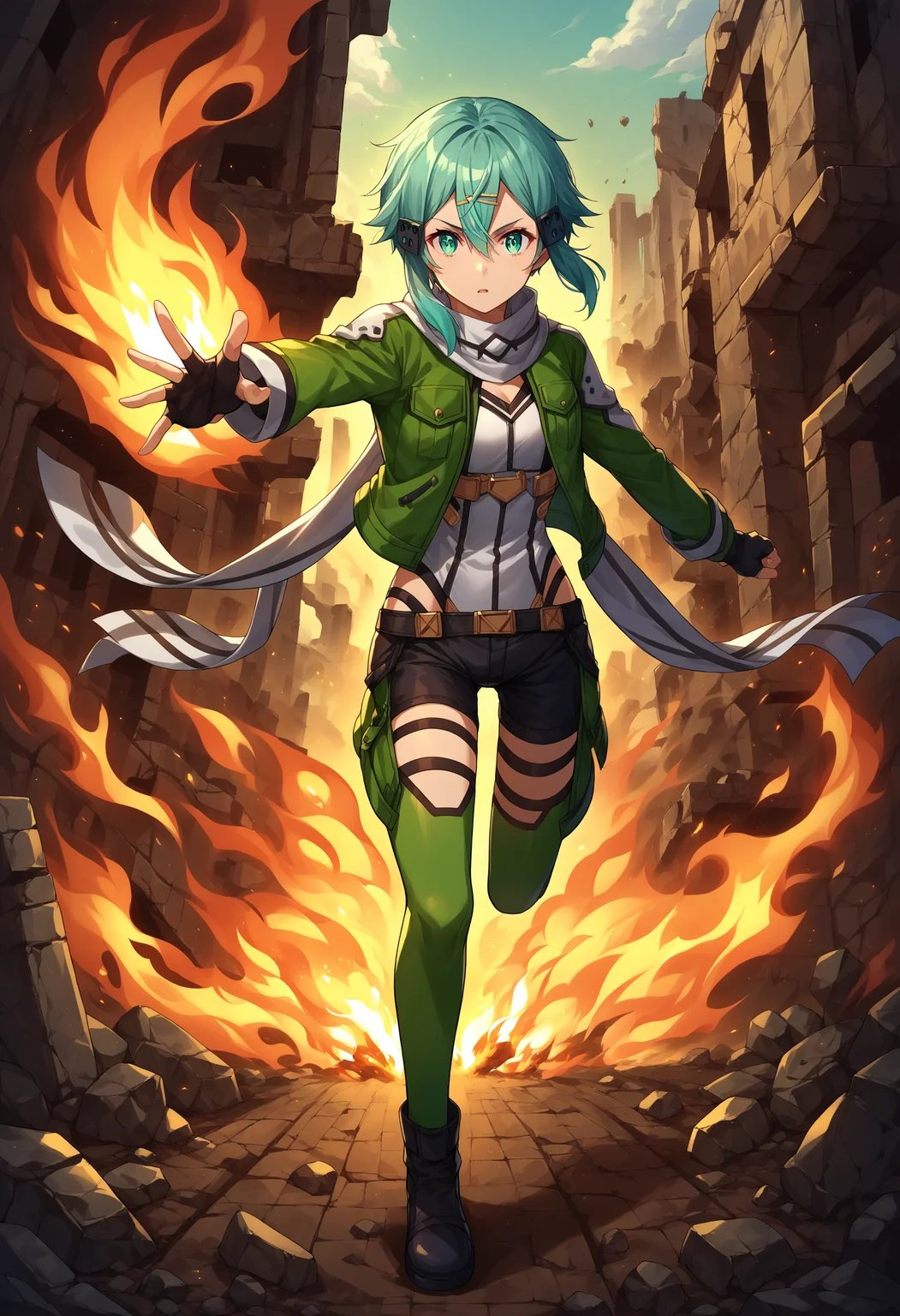 score_9, score_8_up,score_7_up, source_anime, full body, 1girl, <lora:EPsoaSinonPony-04:1.0>, EPsoaSinon, short hair, aqua hair, detailed jewel-like eyes, hair between eyes, hair ornament, hairclip, sidelocks, green jacket, black footwear, black gloves, black shorts, fingerless gloves, gloves, green legwear, jacket, long sleeves, open jacket, scarf, short hair with long locks, short shorts, shorts, white scarf, ruins, debris, fire, smoke, smoke trail, burning, battlefield, running, running towards viewer, reaching, reaching towards viewer, outstretched hand,