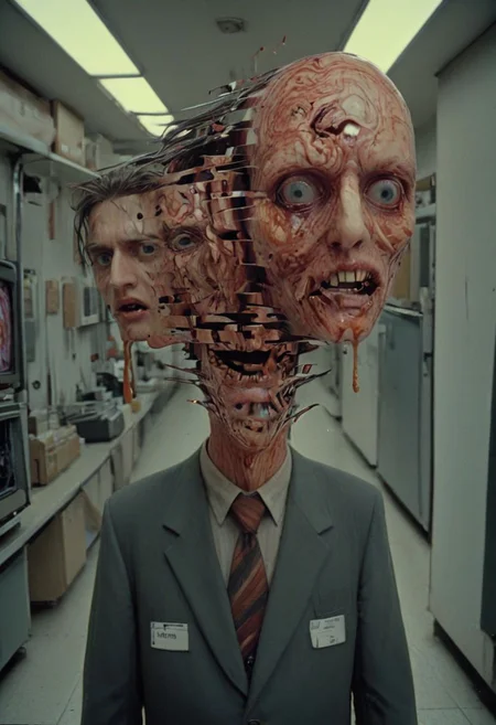 the man is a slicer: the slicer slices face's slices into further slices: the other man is the puller. The puller pulls the slices apart into planar sections dividing the entire image, and the face becomes a mask of incomprehension slit into an array of emigmatic glowing visions, both paranoiac and wildly schizoid