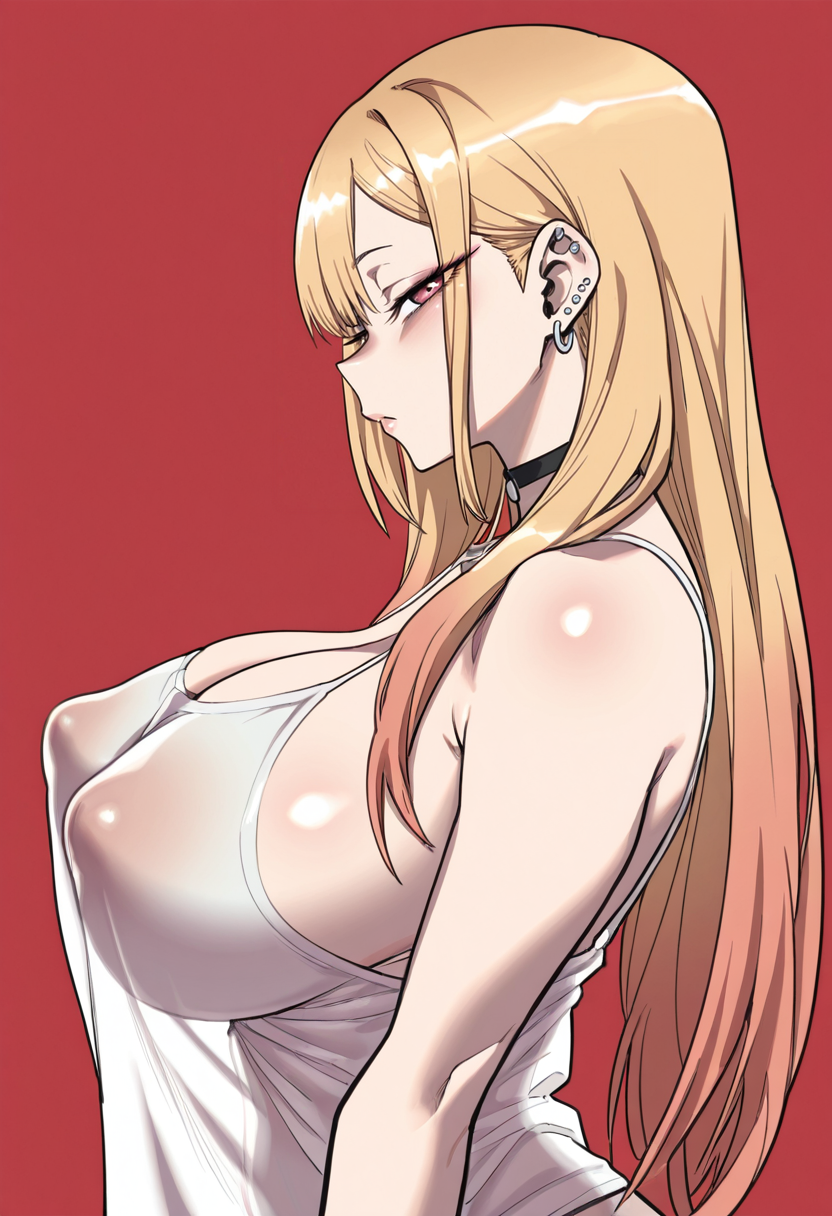 masterpiece, best quality,
From side, looking at viewer, half-closed eyes, 
kitagawa marin, blonde hair, red eyes, long hair, two-tone hair,  , huge breasts,
white camisole, see-through clothes, covered nipples,,
simple background, red background,
 <lora:Zunta:0.8> Z0nt4,