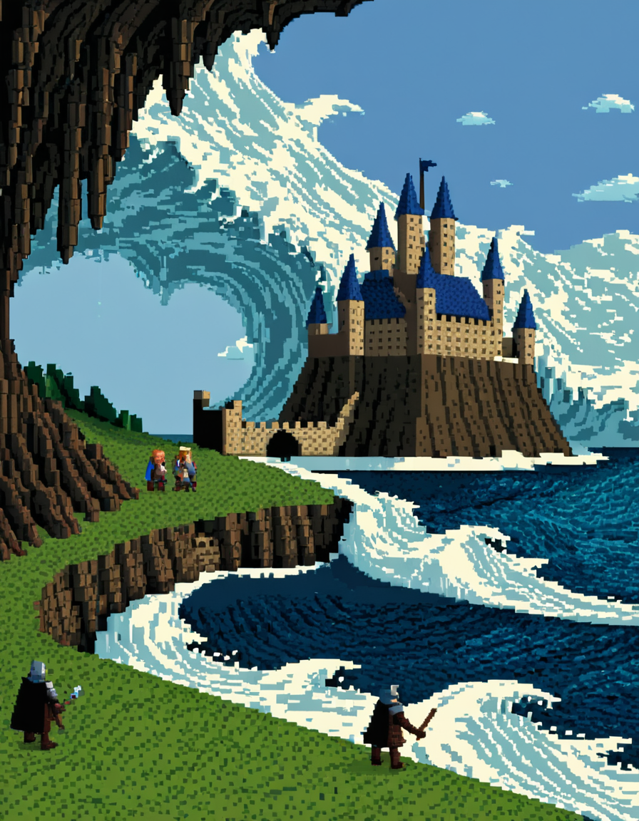 <lora:MWMinis_pixpixxl:1> day, medieval castle landcape, scene, pixpix, huge pixels, pixel art, sea, waves,
