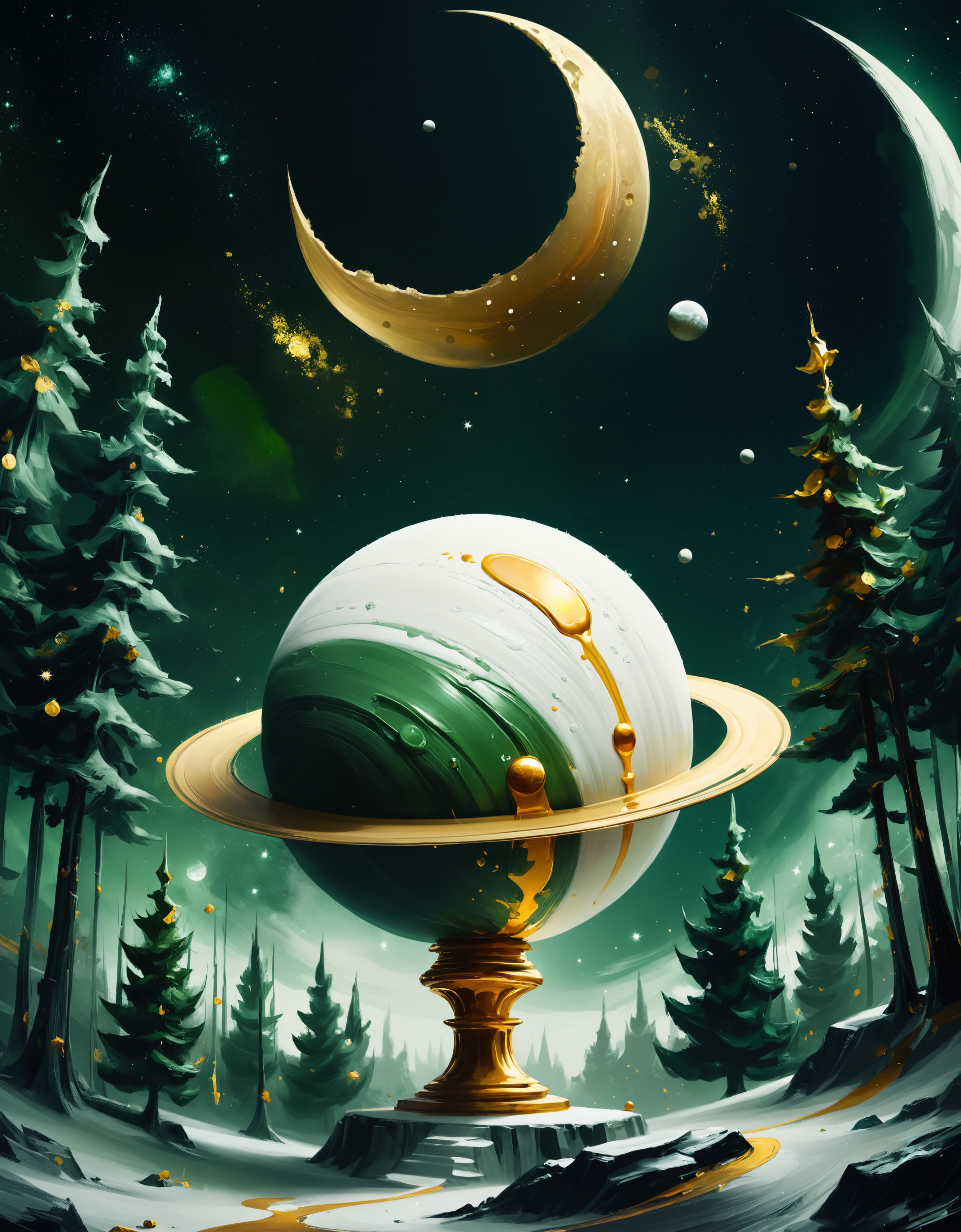 zavy-rghpnt, low angle shot of a White and Forest Green "Sugar, sugar, ah honey honey.", Calming and Fairy-Tale, Planet Saturn background, Moon in the night, 80mm, Gold Leafing, behance HD, dslr, professional creative, dynamic background, illustrious quality, professional fine composition, enhanced quality, deep rich colors, extremely stylish, epic atmosphere