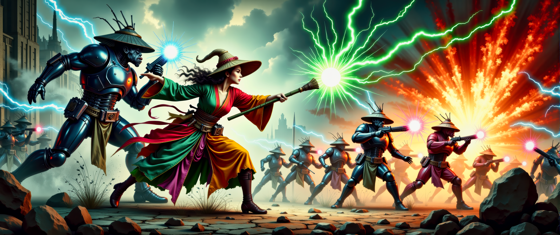 A dynamic action illustration showing a female techno-mage, wearing multi-colored robes and a (bamboo Coolie hat:1.2), engaging in an intense battle against several evil Daleks from planet Saros.  The techno-mage is using her staff to fire pulsating balls of green magical energy at the Daleks. The Daleks are firing red pulse energy beams at the techno-mage. Bolts of blue electrical discharges fill the air.  It is evening, and the battle takes place in a dark misty dystopian cityscape, outside a megalithic industrial complex.  This is a full frame body shot, providing a environmental wide angle view of the entire body.  Movie poster, bold colors, action sequence, complex patterns.  Intricate details, masterpiece, best quality.  Dramatic and dynamic high contrast lighting, dim dark atmosphere. <flux_realism_lora:0.64> <FluxDFaeTasticDetails:0.82> <BaroqueColorful:0.72>
