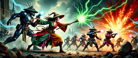 A dynamic action illustration showing a female techno-mage, wearing multi-colored robes and a (bamboo Coolie hat:1.2), engaging in an intense battle against several evil Daleks from planet Saros. The techno-mage is using her staff to fire pulsating balls of green magical energy at the Daleks. The Daleks are firing red pulse energy beams at the techno-mage. Bolts of blue electrical discharges fill the air. It is evening, and the battle takes place in a dark misty dystopian cityscape, outside a megalithic industrial complex. This is a full frame body shot, providing a environmental wide angle view of the entire body. Movie poster, bold colors, action sequence, complex patterns. Intricate details, masterpiece, best quality. Dramatic and dynamic high contrast lighting, dim dark atmosphere. <flux_realism_lora:0.64> <FluxDFaeTasticDetails:0.82> <BaroqueColorful:0.72>