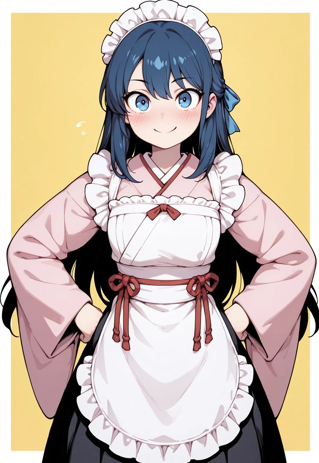 masterpiece, best quality, amazing quality, 1girl, solo
blue eyes,blue hair,blue ribbon,blush,closed mouth,cowboy shot,hair ribbon,half updo,hands on own hips,long hair,looking at viewer,maid,maid headdress,red ribbon,ribbon,simple background,smile,split mouth,wa maid,white border,yellow background,