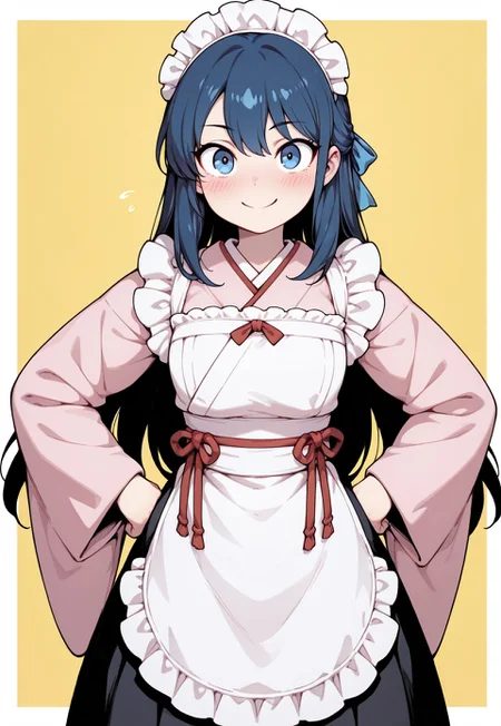 masterpiece, best quality, amazing quality, 1girl, solo
blue eyes,blue hair,blue ribbon,blush,closed mouth,cowboy shot,hair ribbon,half updo,hands on own hips,long hair,looking at viewer,maid,maid headdress,red ribbon,ribbon,simple background,smile,split mouth,wa maid,white border,yellow background,