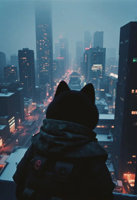 Extreme head closeup, cloudy, bright, high contrast, overlooking a snow-covered cityscape of towering skyscrapers and decaying buildings in a vast cyberpunk metropolis by night. The scene is shadowy and cool, with the specialist standing on the edge: a antromorphic fluffy dog, cloaked in a black military functional suit and a semi-transparent camo cloak. His cloak shimmers, reflecting faint, disappearing cyberpunk tiles like a glowing membrane. Emphasize the dark, dystopian atmosphere as his features are barely visible in the ambient neon glow. The chaotic sprawl of the towering structures contrasts with the sharp, meticulous details of the specialist, as he silently observes the city below. The cloak billows slightly in the wind, catching the dim light from the decaying metropolis. A chilling, post-apocalyptic mood fills the scene, filled with tension and mystery. The scene is bathed in dim, atmospheric light, with washed-out neon hues of pink, green, and blue creating a surreal and moody aesthetic.