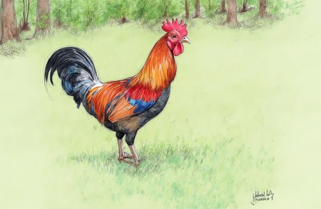 Sharp image of a rough sketch, rendered in vibrant multi colour ballpoint pen, capturing the adorable features of a rooster standing on a grassy field. The rooster is facing towards the right side of the image and its body is slightly turned to the left. It has a red comb on its head and a black tail with blue and white feathers. The background is blurred, but it appears to be a natural setting with trees and greenery. The grass is green and well-maintained.  p3nsk, <lora:p3nsk:1>