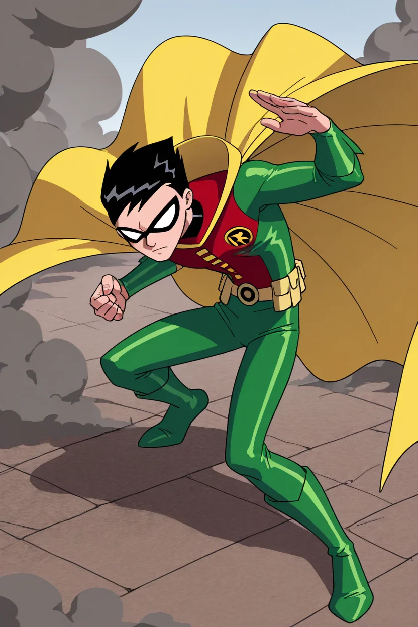 masterpiece, best quality, rbn, domino mask, robin (dc), 1boy, belt, black hair, cape, fighting stance, full body, jika-tabi, male focus, mask, smoke bomb, solo, superhero costume, utility belt ,<lora:TTitansStyleIXL:1.0>,