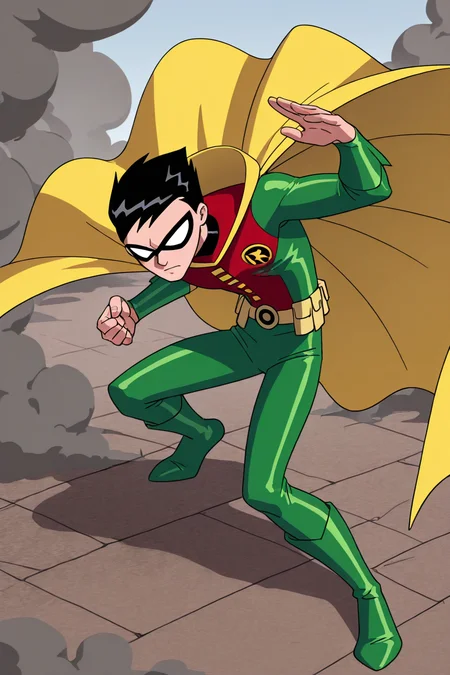 masterpiece, best quality, rbn, domino mask, robin (dc), 1boy, belt, black hair, cape, fighting stance, full body, jika-tabi, male focus, mask, smoke bomb, solo, superhero costume, utility belt ,<lora:TTitansStyleIXL:1.0>,