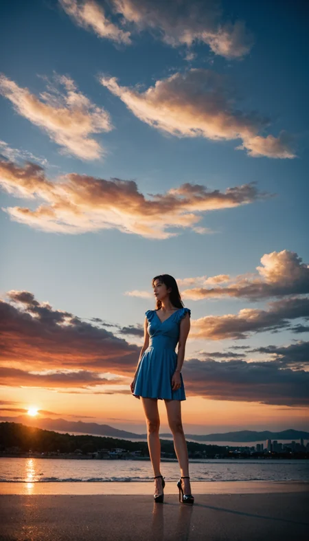 score_9, score_8_up, score_7_up, realistic, realism, film grain, photo by fuji-proplus-ii film, raw photo of 20 years old woman, high heels, stand, full body, deep blue sky, cloudy sky, outdoor, high key light, soft shadow, sunset, Fiery clouds,