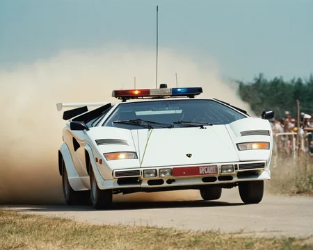 analog film photo car rally magazine photograph of a (police Lamborghini Countach:1.4) (((rally car))) jumping, big air time, rally jump, action motion blur dust LP5000 <lora:add-detail-xl:2> <lora:LP5000-SDXL-V1.2:1>, (police lights on the roof, searchlights on roof:1.3) . faded film, desaturated, 35mm photo, grainy, vignette, vintage, Kodachrome, Lomography, stained, highly detailed, found footage