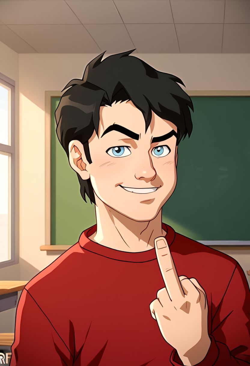 High Quality,  Billy batson, small body, solo, 1boy, black hair, blue eyes, red tshirt, bluejeans, young, rude boy, classroom, raised eyebrow, mischievous smile, looking at viewer, giving middle finger,