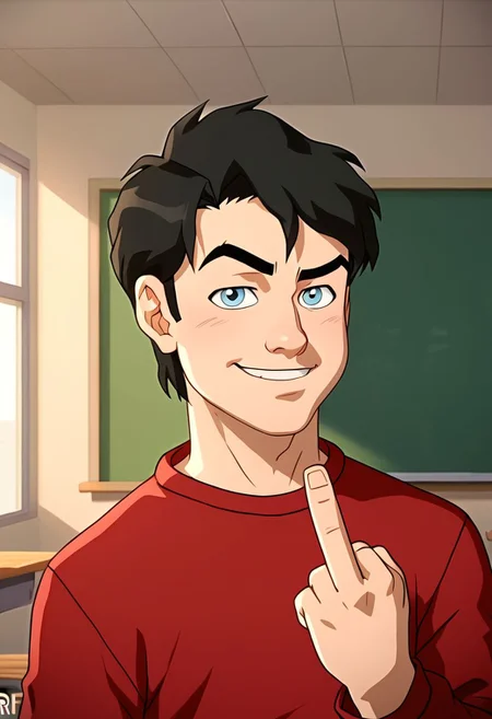 High Quality,  Billy batson, small body, solo, 1boy, black hair, blue eyes, red tshirt, bluejeans, young, rude boy, classroom, raised eyebrow, mischievous smile, looking at viewer, giving middle finger,