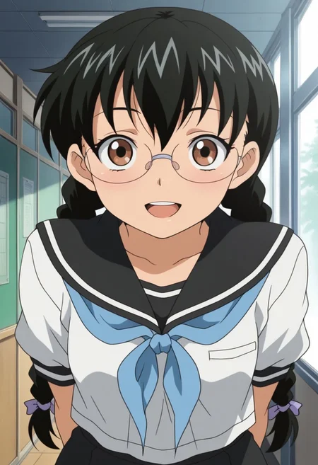 masterpiece,best quality,amazing quality, izumi yuka, glasses, black hair, twin braids, brown eyes, 1girl, school uniform, solo, braid, serafuku, open mouth, smile, school