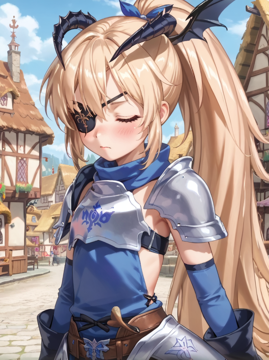 detailed background, shiny skin, posing, rating safe, 
<lora:guillotine.pony:1.0>,
guillotine, 
medieval town,
upper body, blush, closed eyes, eye patch,