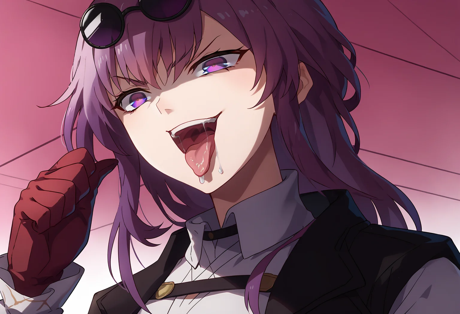 score_9, score_8_up, score_7_up, source_anime,
BREAK
<lora:shiDioV2:1.0>, konodiopose, pointing, parody, meme,
smile, open mouth, style parody, shaded face, v-shaped eyebrows,
1girl, solo, cowboy shot, tongue out, drooling, saliva,
<lora:kafuka-pony-Tanger:0.8> kafuka, eyewear on head, gloves, sunglasses, white shirt, purple hair, long hair, long sleeves, purple eyes, black jacket,