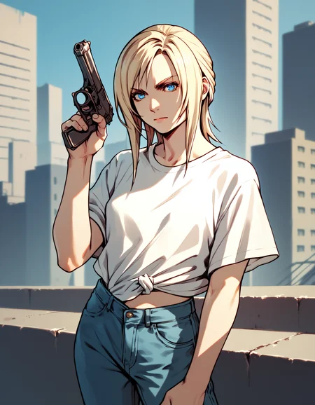 score_9, score_8_up, score_7_up, score_6_up, score_5_up, score_4_up
<lora:aya-brea-ponyxl-000020:1> aya brea, blue eyes, blonde hair, white shirt, t-shirt, midriff, jeans,
building, closed mouth, cowboy shot, handgun, holding gun, looking at viewer