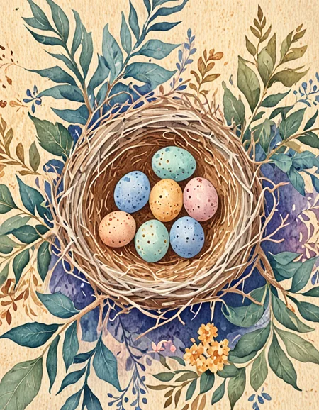 novuschroma75 style watercolor overhead view of a bird nest with eggs <lora:novuschroma75 style:1>, <lora:sdxl_lightning_8step_lora:1>