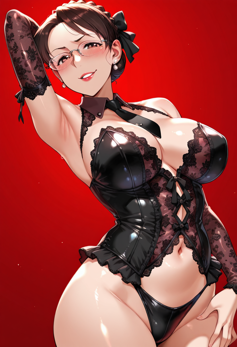 1girl, solo, KanadeOgawa, brown eyes, brown hair, braid bun, glasses, lipstick, mature, outfit_lace_bodice, lace bodice, lace sleeves, mesh, covered cleveage, detached sleeves, short sleeves, (black necktie:1.2), lipstick, collared bodice, bare shoulders, blush, cowboy shot, hand behind head, smirk, navel, simple background, red background, hairbow, parted lips, one hand on thigh,