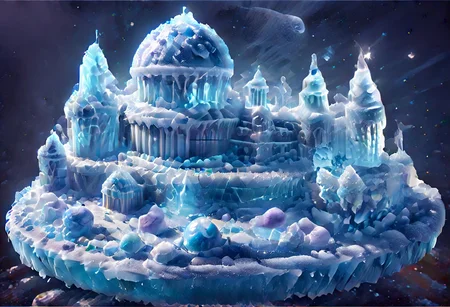 DarkFantasy, ice, ais-icebaby, made of ais-icebaby, dark, chiaroscuro, low-key, ((castle)), 3 towers,towers, kaiyomuseum, scenery, water, building, moon ice, skyscraper, city, city lights, reflection, neon lights, ice_art, ice, matchcraft floating island, sky , star,(((matchcraft floating island))), ((islands floating)),Candy Land