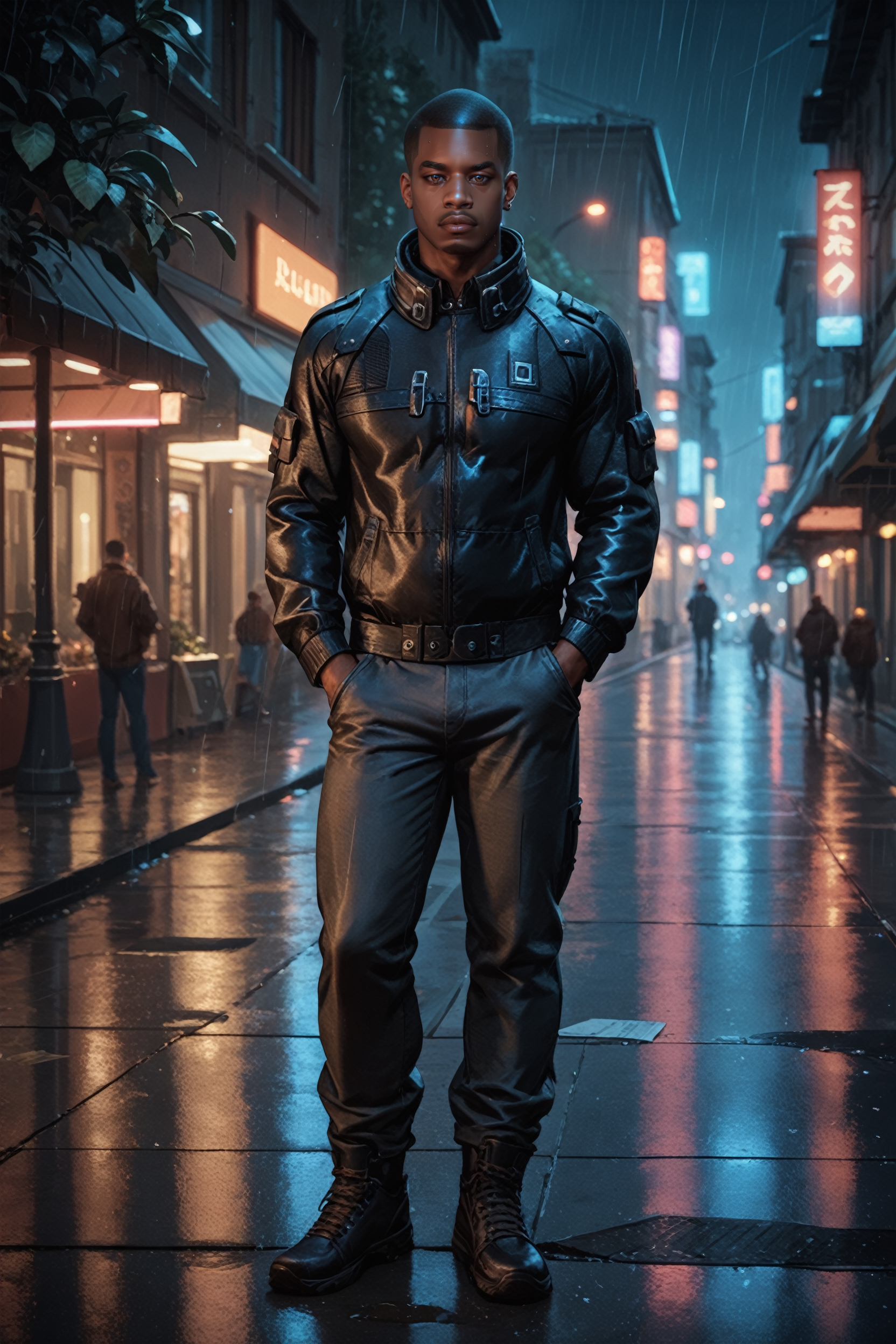 score_9, score_8_up, score_7_up, score_6_up
<lora:MEJacob:0.8>
MEJacob, 1boy, buzz cut, brown eyes, dark skin, looking at viewer, standing in the rain on a neon-lit city street at night, full body