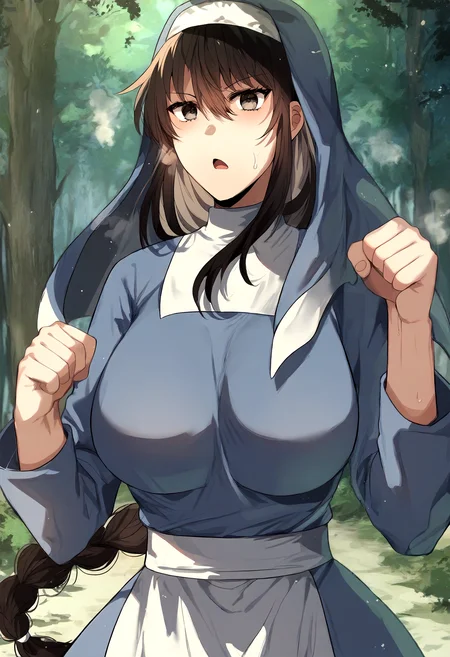 score_9, score_8_up, score_7_up, score_6_up, source_anime, rating_explicit, 1girl, solo, huge breasts, <lora:Karen Inacius prefectPonyxl:1> long hair, hair between eyes, black hair, grey eyes, brown hair, black eyes, sidelocks, brown eyes, braided ponytail, traditional nun, habit, blue dress, long sleeves, waist apron, white apron, serious, open mouth, Narrow shoulders, heavy breathing, steaming body, forest, outdoors, standing, looking at viewer, clenched hands, fighting stance, hand up