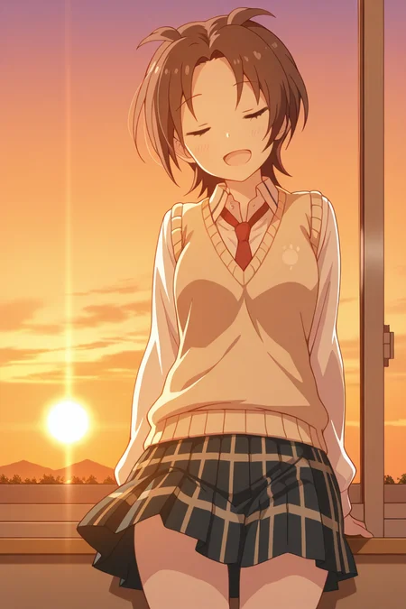 masterpiece, best quality, amazing quality,
<lora:Yuzu_IL:1> yuzu, 1girl, solo, school uniform, brown hair, closed eyes, skirt, necktie, open mouth, smile, short hair, sweater vest, sunset, shirt