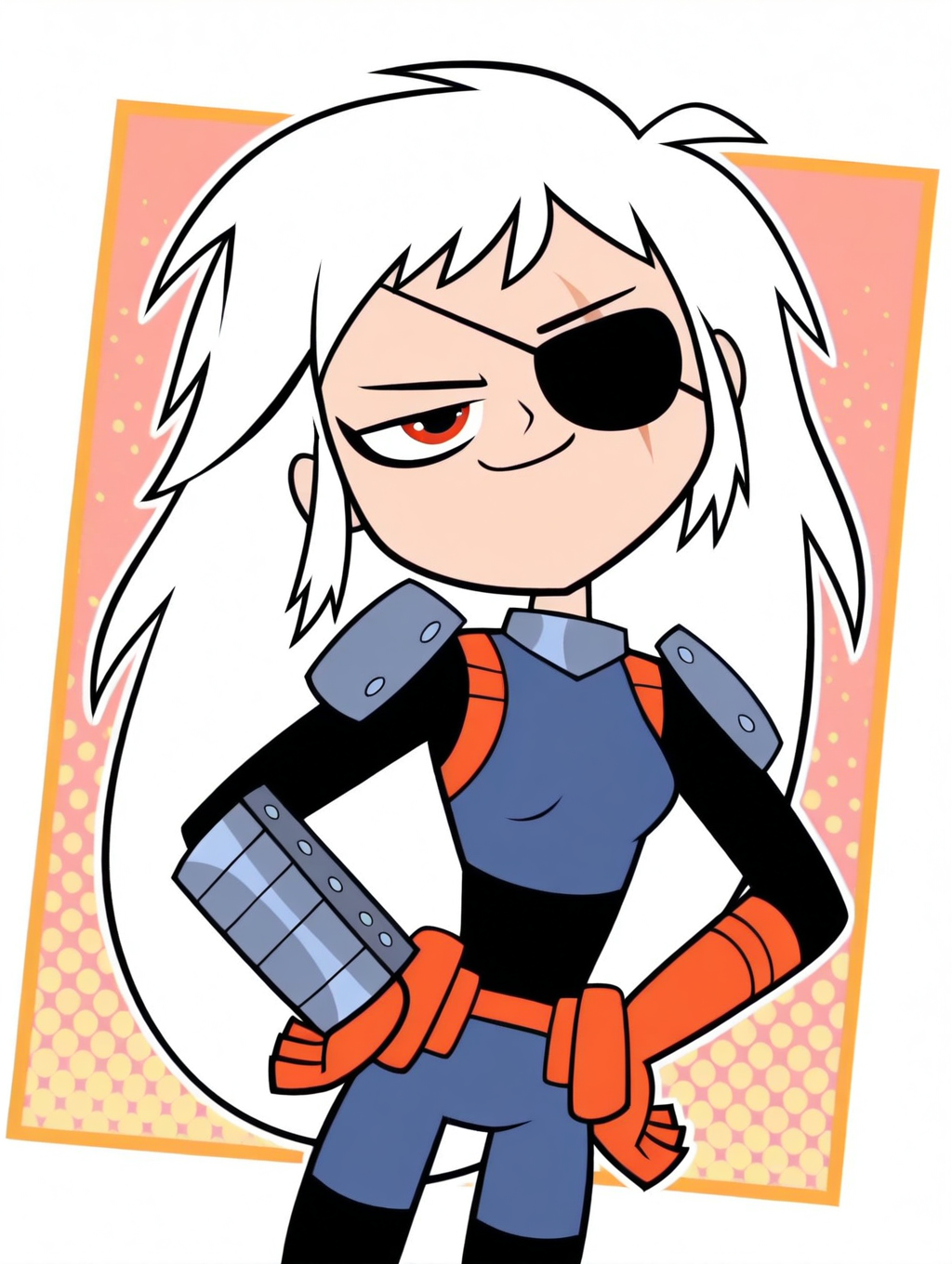 Rose_Wilson, 1girl, solo, orange eye, long hair, white hair, spiky hair, scruffy, messy, bangs, black eye-patch, scar eye, bodysuit, blue armor, metallic knee pads, orange gloves, orange utility belt, metal wrist cuffs, (smile, dutch angle, Hands on hips,naughty pose, looking at viewer, solo, dynamic pose, upper_body, head tilt,),(( dynamic halftone dot background, stylized background, White frame, Square frame, white outline))