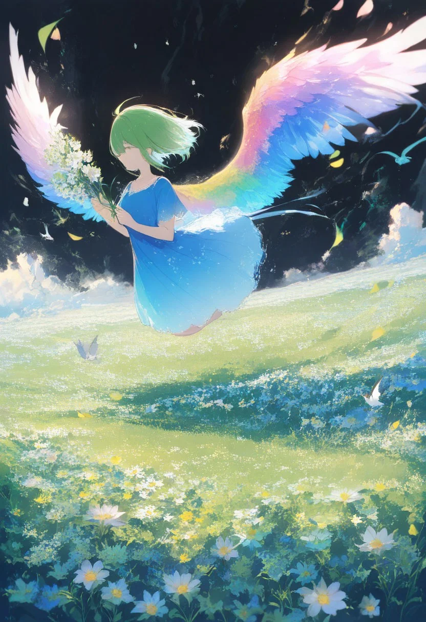colorful, field, flower, flower field, flying, grass, green flower, green hair, holding, holding flower, pale skin, scenery, white flower, dre, blue dress, petals, wings, short sleeves, bird, floating, falling petals, black background, masterpiece, best quality, newest, very awa