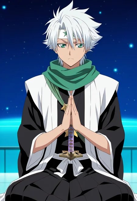 masterpiece, best quality, intricate details, anime screencap, anime coloring, official style, , depth of field, 1boy, solo, male focus, <lora:toushirou_hitsugaya_ilxl:0.92>, toushirou_hitsugaya, white hair, green eyes, hair between eyes, green scarf, white headband, , japanese clothes, haori. sword, , star sanctuary, space temples, stellar paths, meditation domes, peaceful pose, serene expression, space lighting,